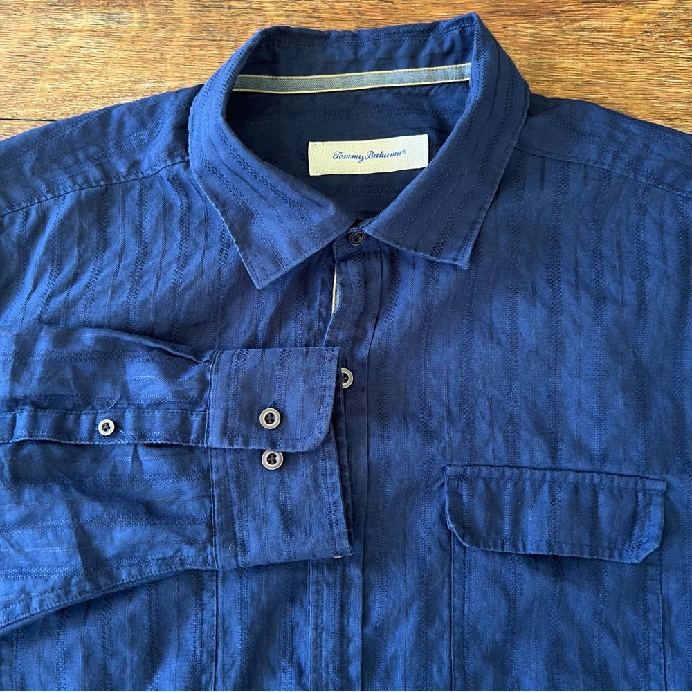 Tommy Bahama Men Button Up Long Sleeve Shirt Blue Solid Stripe Linen Cotton XLX